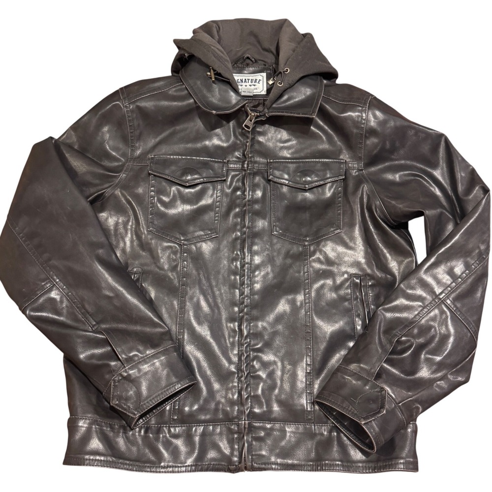 Levi's Signature Black Faux Leather Moto Jacket Biker Mens Medium Hooded